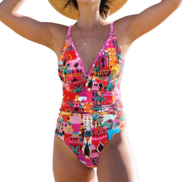 Sporlike Women's Multicolor Castle Print V-Neck One Piece Swimsuit Large - Picture 1 of 7